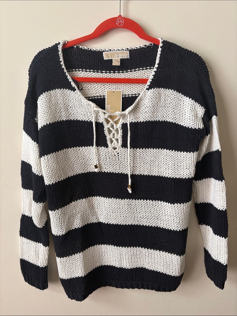 MICHAEL Michael Kors Dark navy blue & White Striped Lace-Up V-Neck Sweater